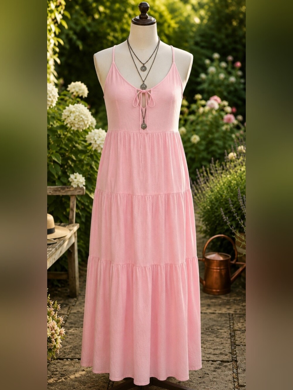 **Sleeveless Pink Tiered Maxi Dress - COTTON W/POCKETS Pit 27 Length 51